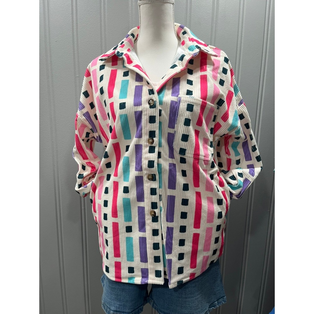 Emily Wonder Multicolor Geometric Corduroy Oversized‎ Shirt Jacket Women Size M